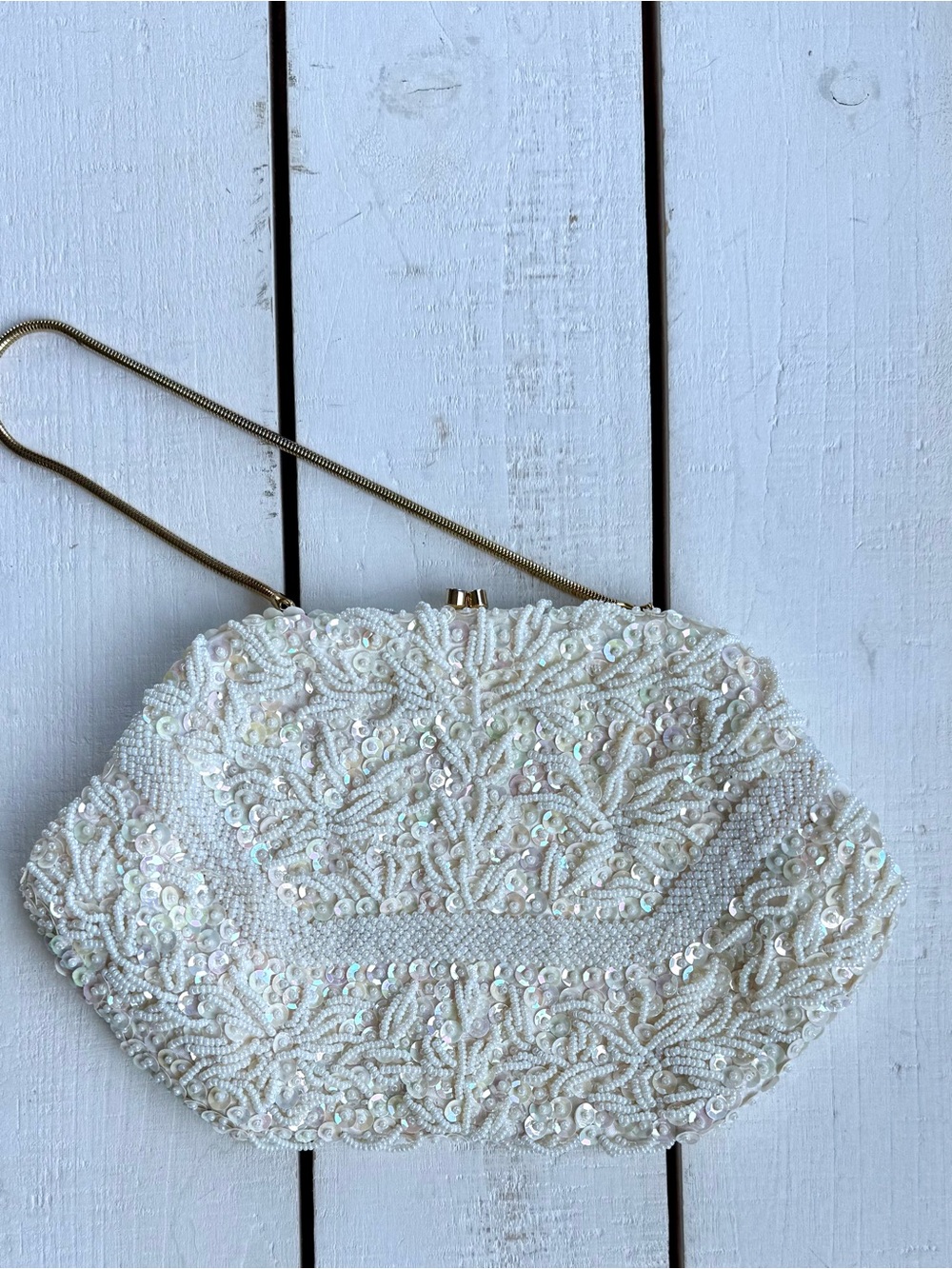 Vintage 1950-60’s Ivory Hand-Beaded Evening Clutch with Chain Strap